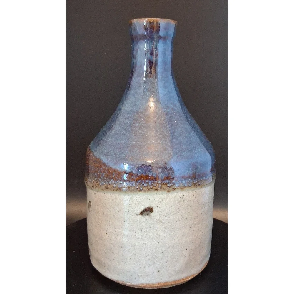 Signed Studio Pottery Vase Blue Beige Two Tone Glazed Bottle 7 Inch